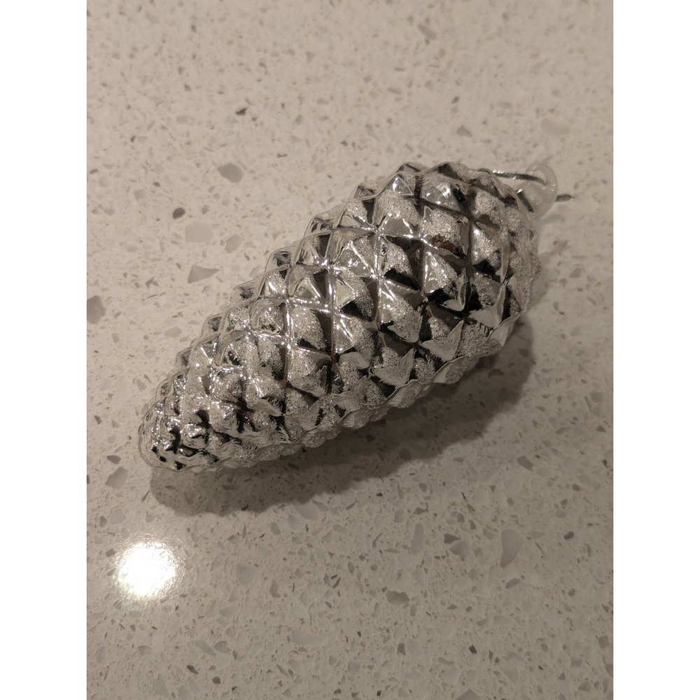 VTG Studio Art Glass Hand Blown Pinecone Ornament Silver Sparkle Christmas 5"